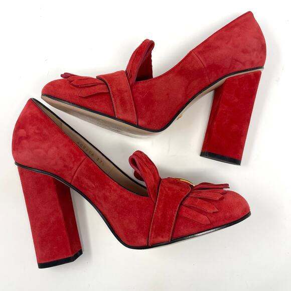 Gucci Marmont Interlocking GG Red Suede Leather Block Heel Fringe Pumps EU 37.5 - Picture 3 of 14